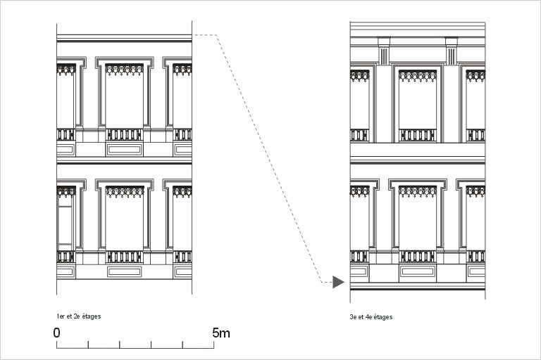 Elévation de la façade principale, détails, d'après un relevé photogrammétrique par A. Bensaci, 2003.