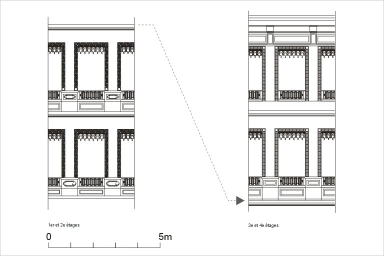 Elévation de la façade principale, détails, d'après un relevé photogrammétrique par A. Bensaci, 2003.