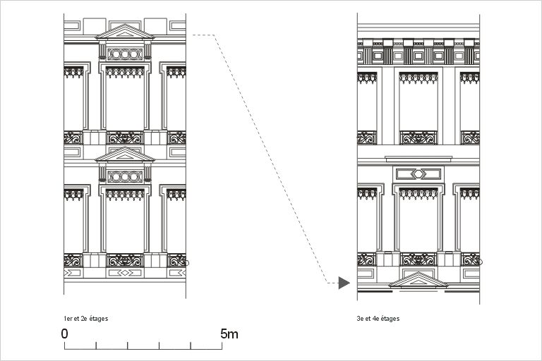 Elévation de la façade principale, détails, d'après un relevé photogrammétrique par A. Bensaci, 2003.