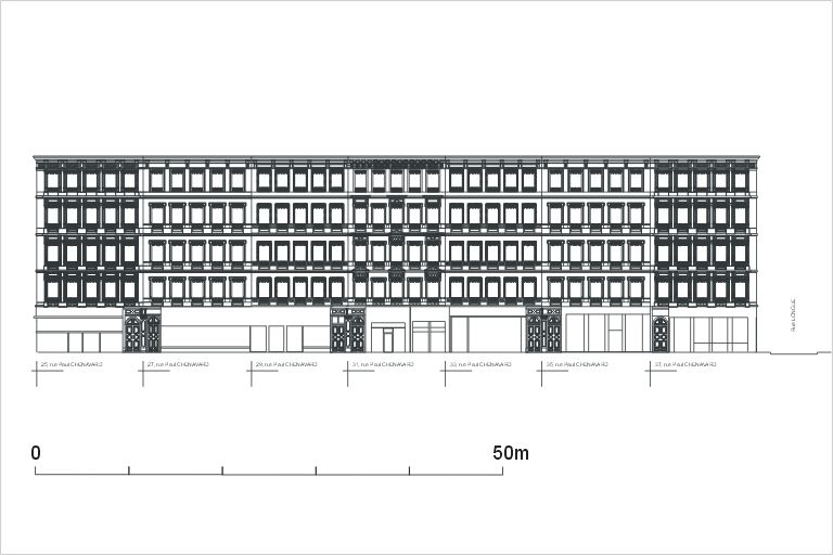 Elévation des façades sur la rue Paul-Chenavard, d'après un relevé photogrammétrique par A. Bensaci, 2003.