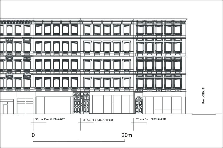 Elévation des façades sur la rue Paul-Chenavard, détail de la moitié droite, d'après un relevé photogrammétrique par A. Bensaci, 2003.