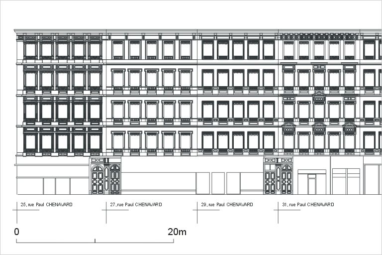 Elévation des façades sur la rue Paul-Chenavard, détail de la moitié gauche, d'après un relevé photogrammétrique par A. Bensaci, 2003.