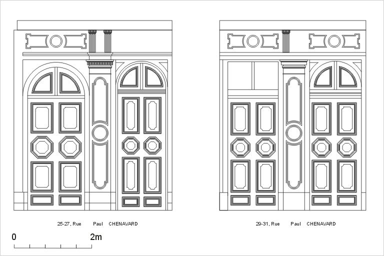 Elévation des façades sur la rue Paul-Chenavard, détail des portes, d'après un relevé photogrammétrique par A. Bensaci, 2003.