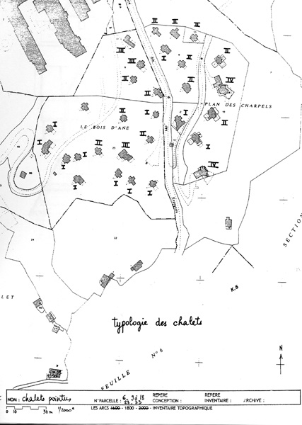 Plan de localisation des chalets selon leur typologie, d'après le plan cadastral.