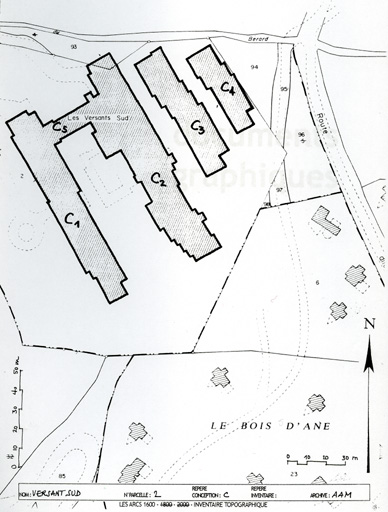Plan masse d'après le plan cadastral, 1993, section AH.
