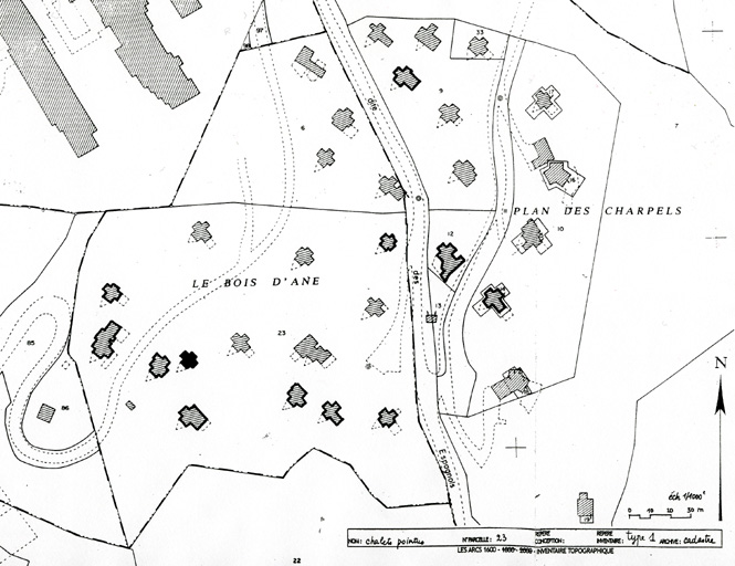 Plan masse d'après le plan cadastral, 1993, section AH.