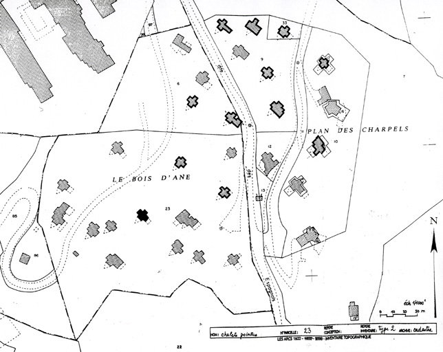 Plan masse d'après le plan cadastral, 1993, section AH.