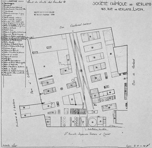 Plan de la Sté chimique de Gerland en 1929, éch. 1/1000, actuellement partie sud de la Ciapem