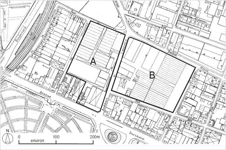 Plan de situation des usines Berliet-Monplaisir, d'après le plan général de la ville de Lyon, 1975