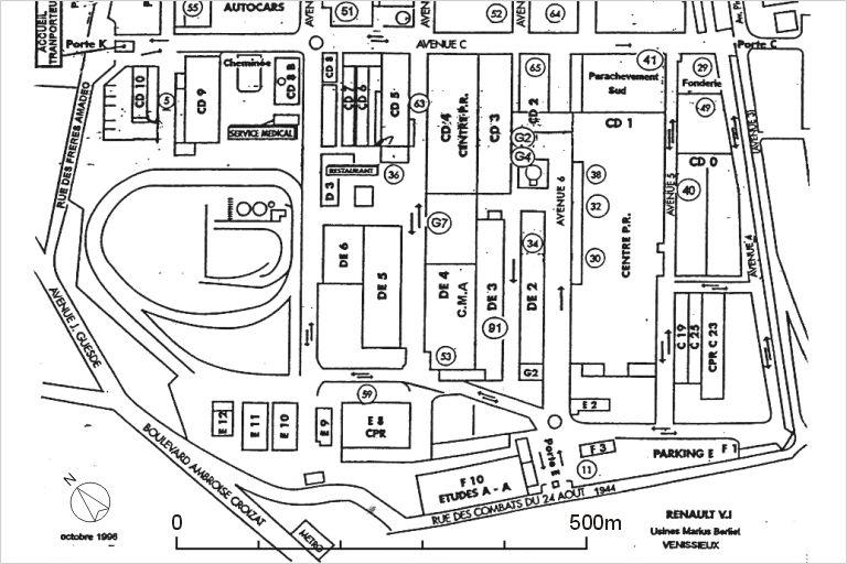 Plan masse de l'usine de Vénissieux, octobre 1996, archives privées RVI (partie sud)