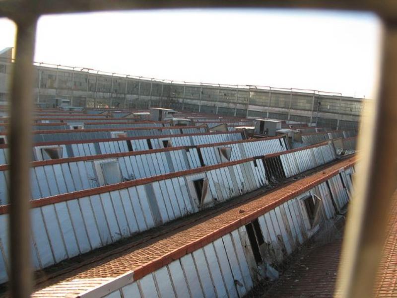 Vue nord d'ensemble des ateliers shed encadrés par la structure béton du bâtiment principal