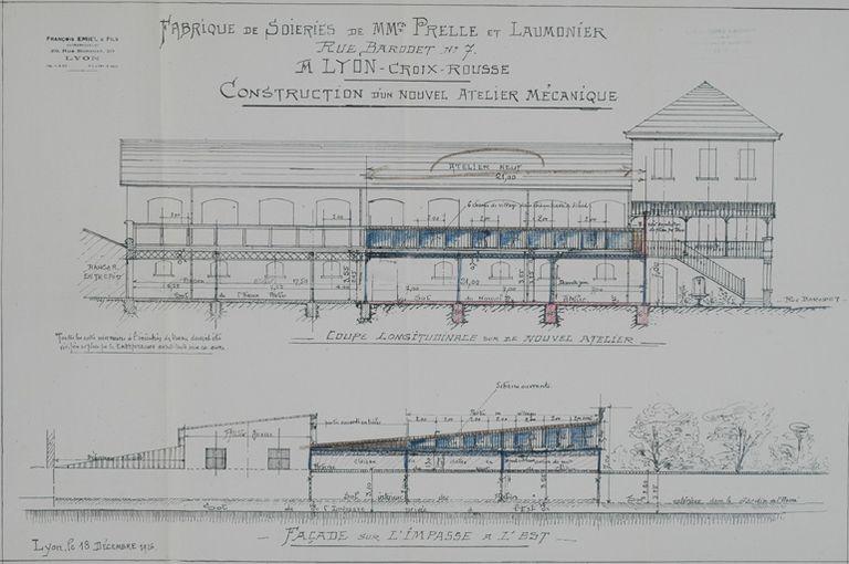 Plan, façade et coupe, fabrique de soieries de Prelle et Laumonier