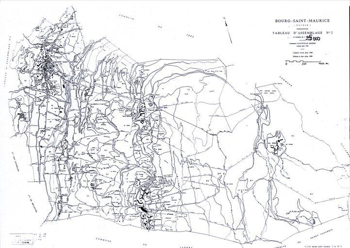 Plan cadastral de la commune de Bourg-Saint-Maurice. Tableau d'assemblage n° 2, commune d'Hauteville-Gondon acquise pour 1965. Cadastre révisé pour 1969, éd. à jour pour 1988. Ech 1 : 25000 (AC Bourg-Saint-Maurice)