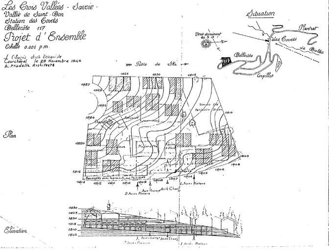 Station des Tovets. Projet d'ensemble du lotissement des chalets Fath (type Charbonnière A). Plan de situation, plan masse et élévation / Laurent Chappis, Denys Pradelle, 28 novembre 1946