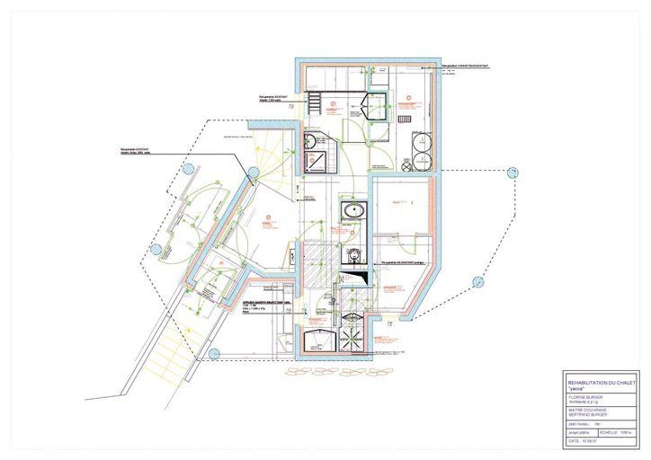 Réhabilitation du chalet Yacca. Plan du niveau RDC. Projet / Florine Burger, 10 août 2007