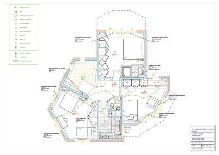 Réhabilitation du chalet Yacca. Plan niveau étage 1. Projet / Florine Burger, 21 décembre 2006