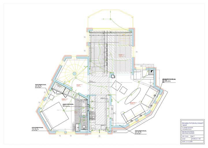 Réhabilitation du chalet Yacca. Plan niveau étage 2. Projet / Florine Burger, 21 décembre 2006