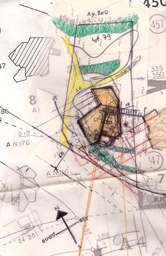 Second Projet / J. Labro, 1987. Esquisse d'implantation sur fond cadastral