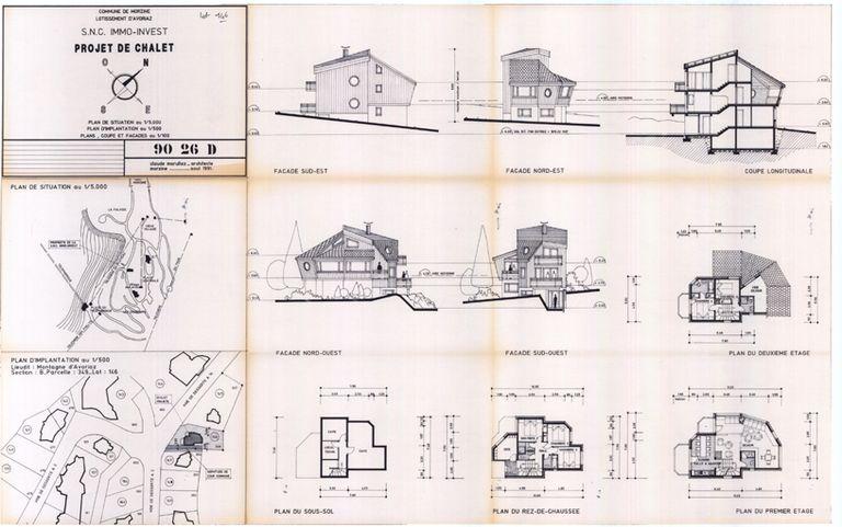 Second projet / J. Labro, C. Marullaz, 1991. Projet de chalet. Plan de situation. Plans, coupe et façades / C. Marullaz, août 1991