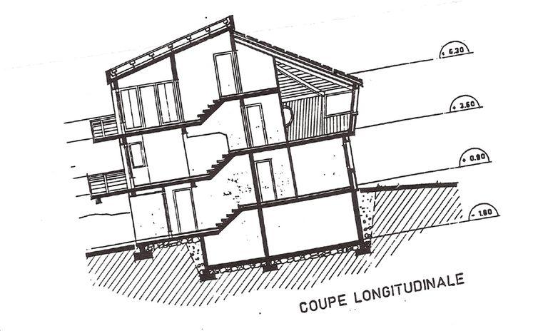 Second projet / J. Labro, C. Marullaz, 1991. Projet de chalet. Coupe longitidinale / C. Marullaz, août 1991