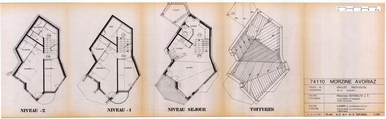 Chalet Roverato. Permis de construire. Plan des niveaux -2, -1 et 0 ; plan de toitures / Jacques Labro, 20 décembre 1987 (A. privées J. Labro)