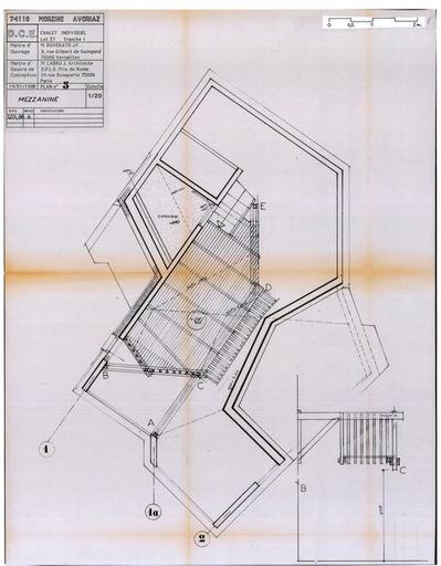 Chalet Roverato. Dossier de consultation des entreprises. Plan de la mezzanine / Jacques Labro, 1er mars 1988 (A. privées J. Labro)