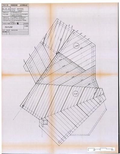 Chalet Roverato. Dossier de consultation des entreprises. Plan de toiture / Jacques Labro, 1er mars 1988 (A. privées J. Labro)