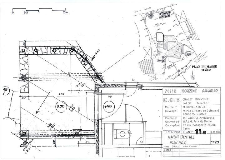 Chalet Roverato. Dossier de consultation des entreprises. Auvent d'entrée. Plan de masse. Plan / Jacques Labro, 1er jullet 1989 (A. privées J. Labro)