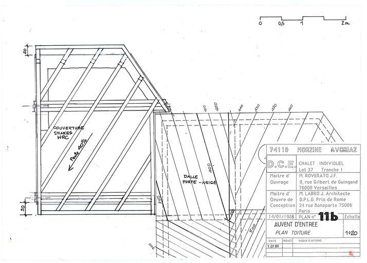 Chalet Roverato. Dossier de consultation des entreprises. Auvent d'entrée. Plan de toiture / Jacques Labro, 1er jullet 1989 (A. privées J. Labro)