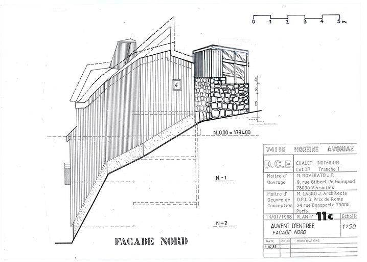 Chalet Roverato. Dossier de consultation des entreprises. Auvent d'entrée. Façade nord / Jacques Labro, 1er jullet 1989 (A. privées J. Labro)