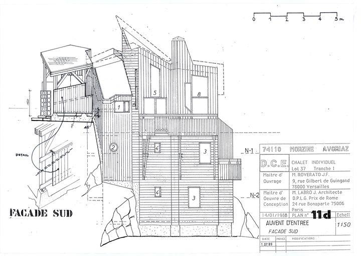 Chalet Roverato. Dossier de consultation des entreprises. Auvent d'entrée. Façade sud / Jacques Labro, 1er jullet 1989 (A. privées J. Labro)