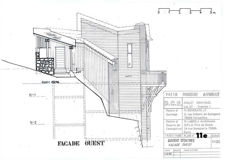 Chalet Roverato. Dossier de consultation des entreprises. Auvent d'entrée. Façade ouest / Jacques Labro, 1er jullet 1989 (A. privées J. Labro)