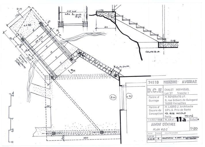 Chalet Roverato. Dossier de consultation des entreprises. Auvent d'entrée. Plan rez-de-chaussée. Adaptation à changement d'implantation du chalet / Jacques Labro, 5 août 1989 (A. privées J. Labro)