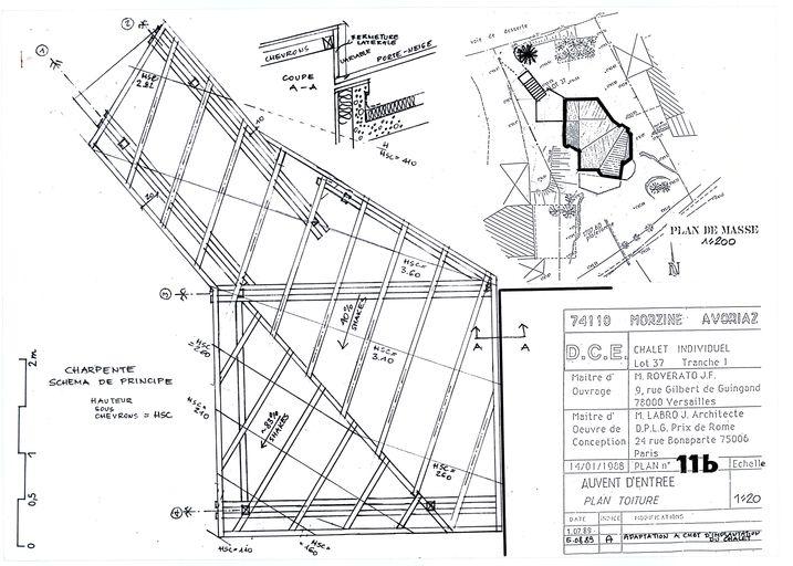 Chalet Roverato. Dossier de consultation des entreprises. Auvent d'entrée. Plan toiture. Adaptation à changement d'implantation du chalet / Jacques Labro, 5 août 1989 (A. privées J. Labro)