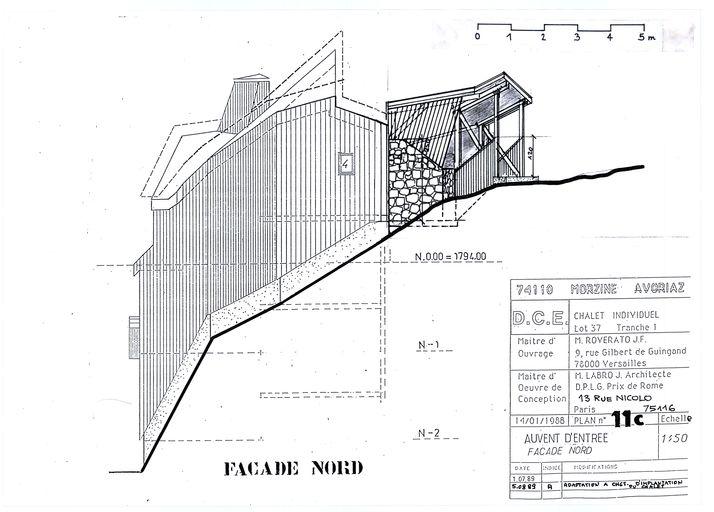 Chalet Roverato. Dossier de consultation des entreprises. Auvent d'entrée. Façade nord. Adaptation à changement d'implantation du chalet / Jacques Labro, 5 août 1989 (A. privées J. Labro)