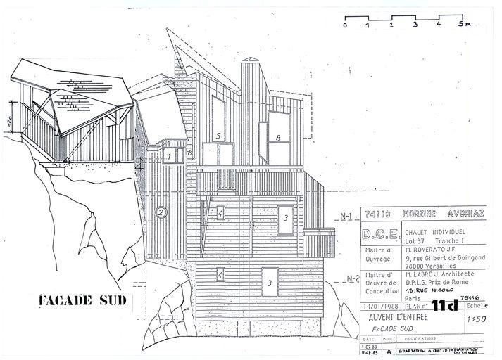 Chalet Roverato. Dossier de consultation des entreprises. Auvent d'entrée. Façade sud. Adaptation à changement d'implantation du chalet / Jacques Labro, 5 août 1989 (A. privées J. Labro)