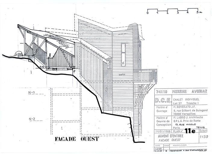 Chalet Roverato. Dossier de consultation des entreprises. Auvent d'entrée. Façade ouest. Adaptation à changement d'implantation du chalet / Jacques Labro, 5 août 1989 (A. privées J. Labro)