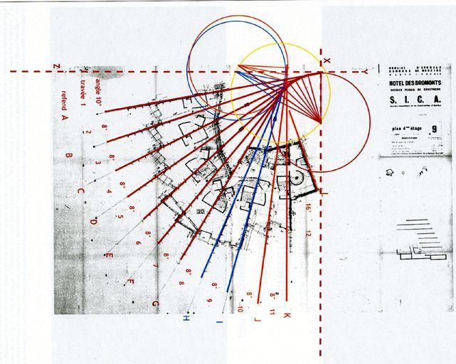 Tracé en éventail. Hypothèse de tracé de construction. Hôtel des Dromonts / J. Labro, novembre 1966 (AC Morzine)