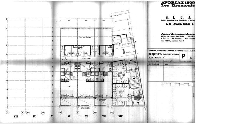 Les Mélèzes 1. Projet de 1966. Plan du niveau 1 / J. Labro, J.J. Orzoni, J.M. Roques, 25 mars 1966 (AC Morzine)