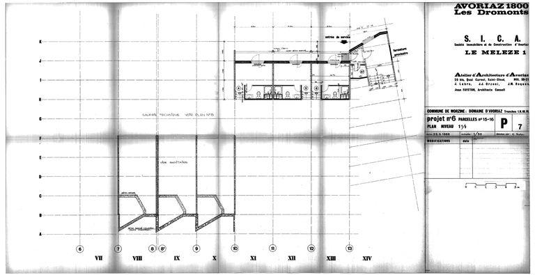 Les Mélèzes 1. Projet de 1966. Plan du niveau 1 et demi / J. Labro, J.J. Orzoni, J.M. Roques, 25 mars 1966 (AC Morzine)