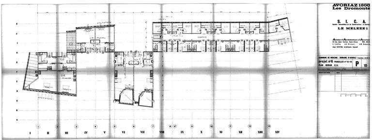 Les Mélèzes 1. Projet de 1966. Plan du niveau 5 et demi / J. Labro, J.J. Orzoni, J.M. Roques, 25 mars 1966 (AC Morzine)