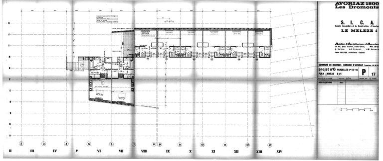 Les Mélèzes 1. Projet de 1966. Plan du niveau 6 et demi / J. Labro, J.J. Orzoni, J.M. Roques, 25 mars 1966 (AC Morzine)