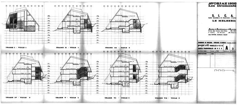 Les Mélèzes 1. Projet de 1966. Coupes transversales de 0 à 6 / J. Labro, J.J. Orzoni, J.M. Roques, 25 mars 1966 (AC Morzine)