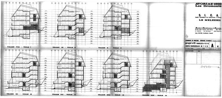 Les Mélèzes 1. Projet de 1966. Coupes transversales de 7 à 13 / J. Labro, J.J. Orzoni, J.M. Roques, 25 mars 1966 (AC Morzine)