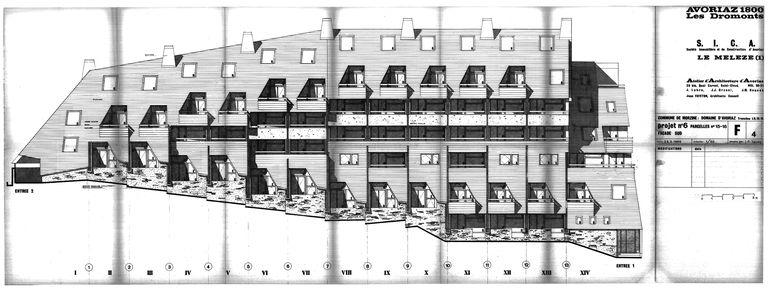 Les Mélèzes 1. Projet de 1966. Elévation sud / J. Labro, J.J. Orzoni, J.M. Roques, 25 mars 1966 (AC Morzine)