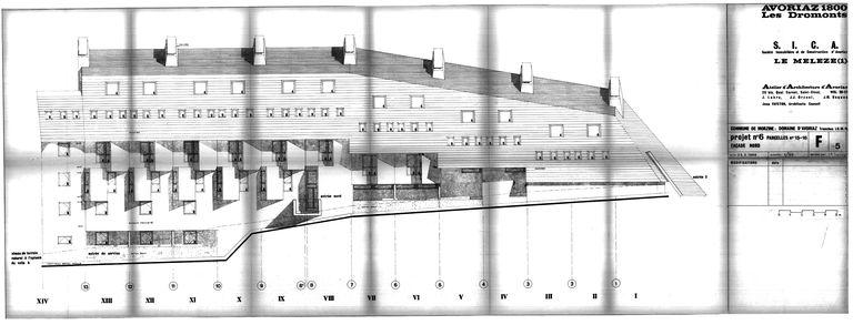 Les Mélèzes 1. Projet de 1966. Elévation nord / J. Labro, J.J. Orzoni, J.M. Roques, 25 mars 1966 (AC Morzine)