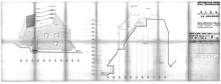 Les Mélèzes 1. Projet de 1966. Elévations ouest et est / J. Labro, J.J. Orzoni, J.M. Roques, 25 mars 1966 (AC Morzine)