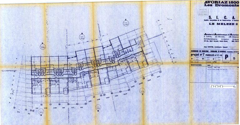 Les Mélèzes 2. Projet de 1967. Plan des niveaux 10,4-14,5 / J. Labro, J.J. Orzoni, J.M. Roques, 3 janvier 1967 (AC Morzine)