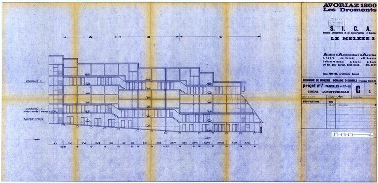 Les Mélèzes 2. Projet de 1967. Coupe longitudinale / J. Labro, J.J. Orzoni, J.M. Roques, 3 janvier 1967 (AC Morzine)