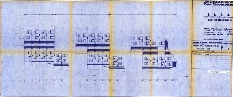 Les Mélèzes 2. Projet de 1967. Façade sud / J. Labro, J.J. Orzoni, J.M. Roques, 3 janvier 1967 (AC Morzine)